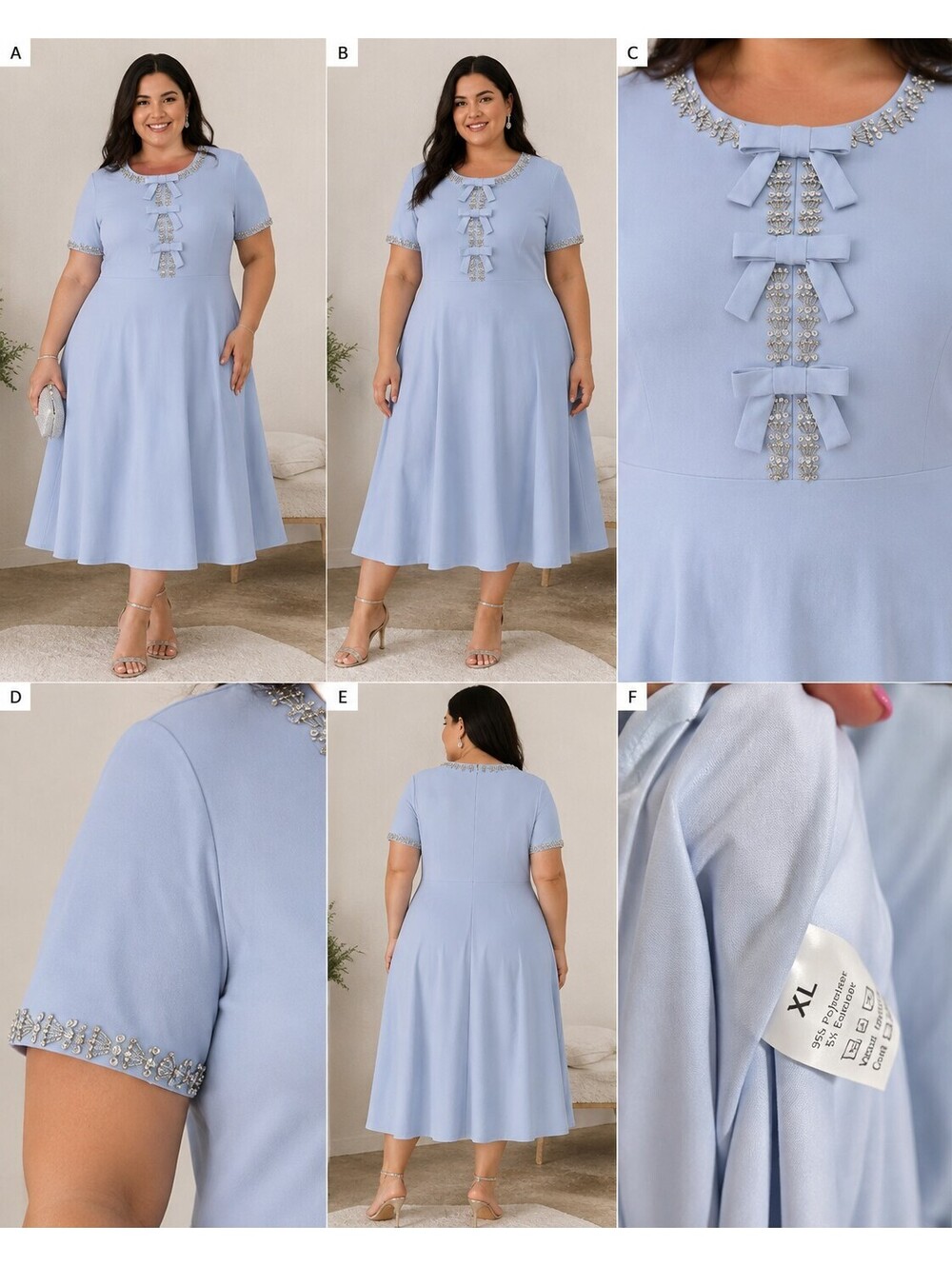 Elegant Light Blue Midi Dress with Rhinestone and Bow Accents, Size XL